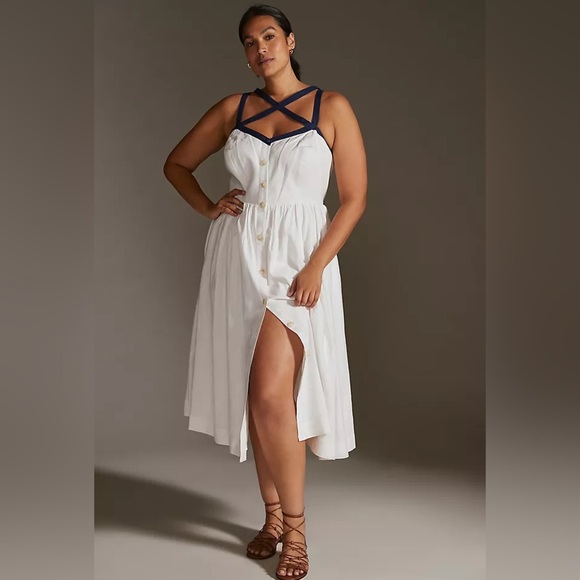 Anthropologie Maeve Strappy Button-Front Midi Dress 10 linen nautical white - Picture 3 of 16